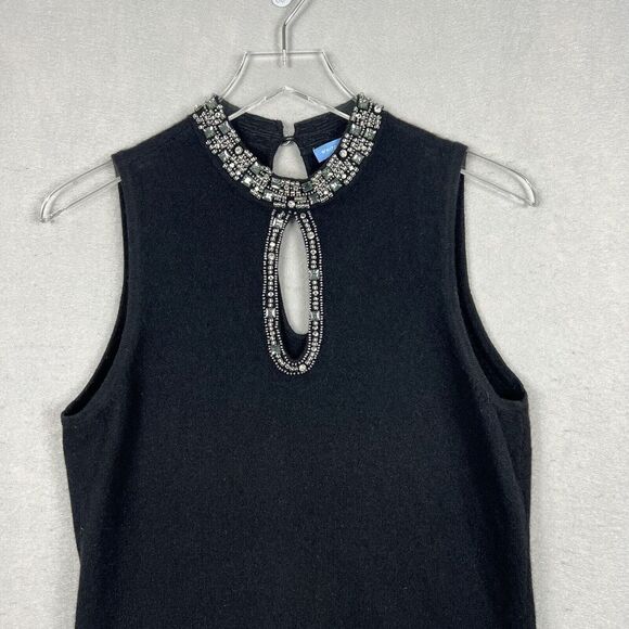 White Warren Cashmere Sweater Top Size Large Black Rhinestone Neckline Keyhole - Picture 3 of 10